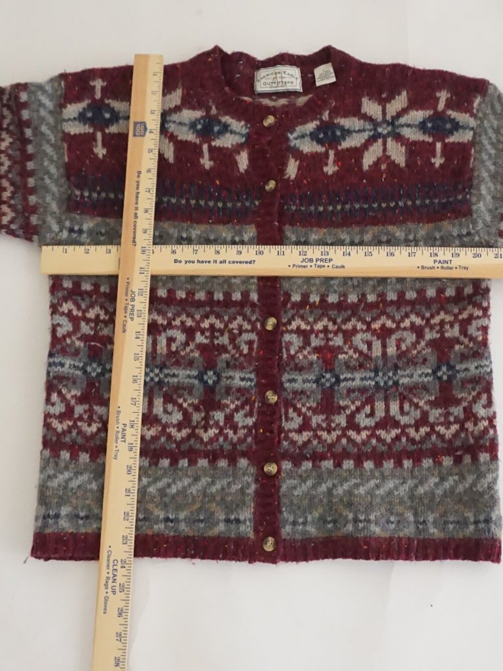 Vintage American Eagle Outfitters Burgundy Fair Isle Snowflake Wool Cardigan L - Picture 3 of 9
